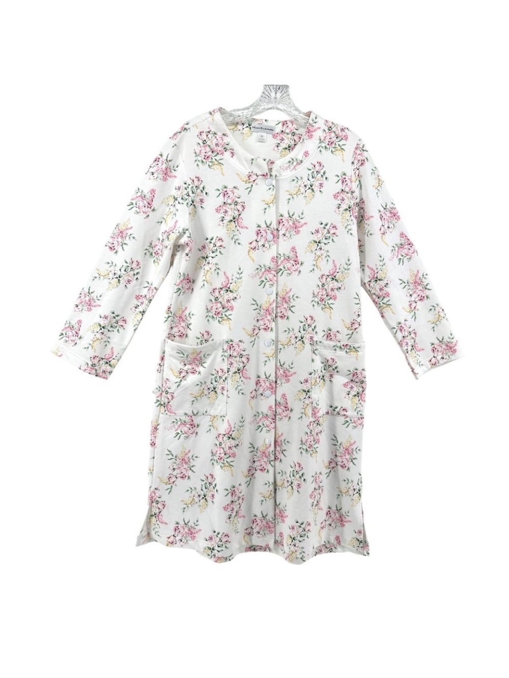 Miss Elaine White Floral Snap-Front Robe with Pink Flower Print